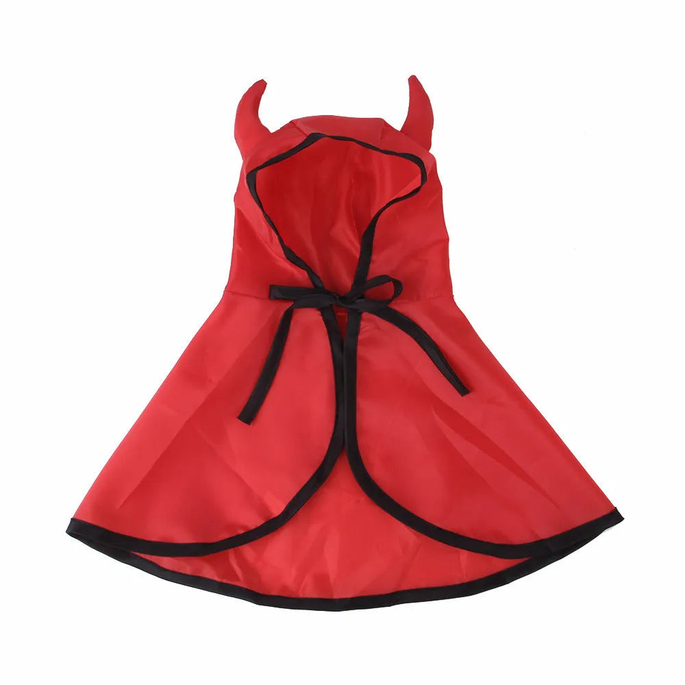 Red polyester Halloween pet horn cloak cape on a cat with hood and horns