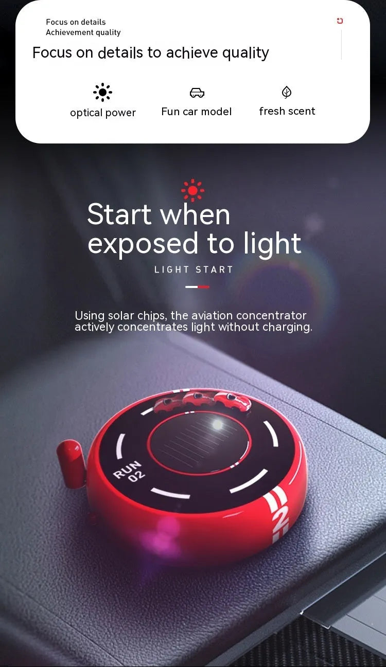 Solar-powered round car air freshener decorative device in black, red or white colour