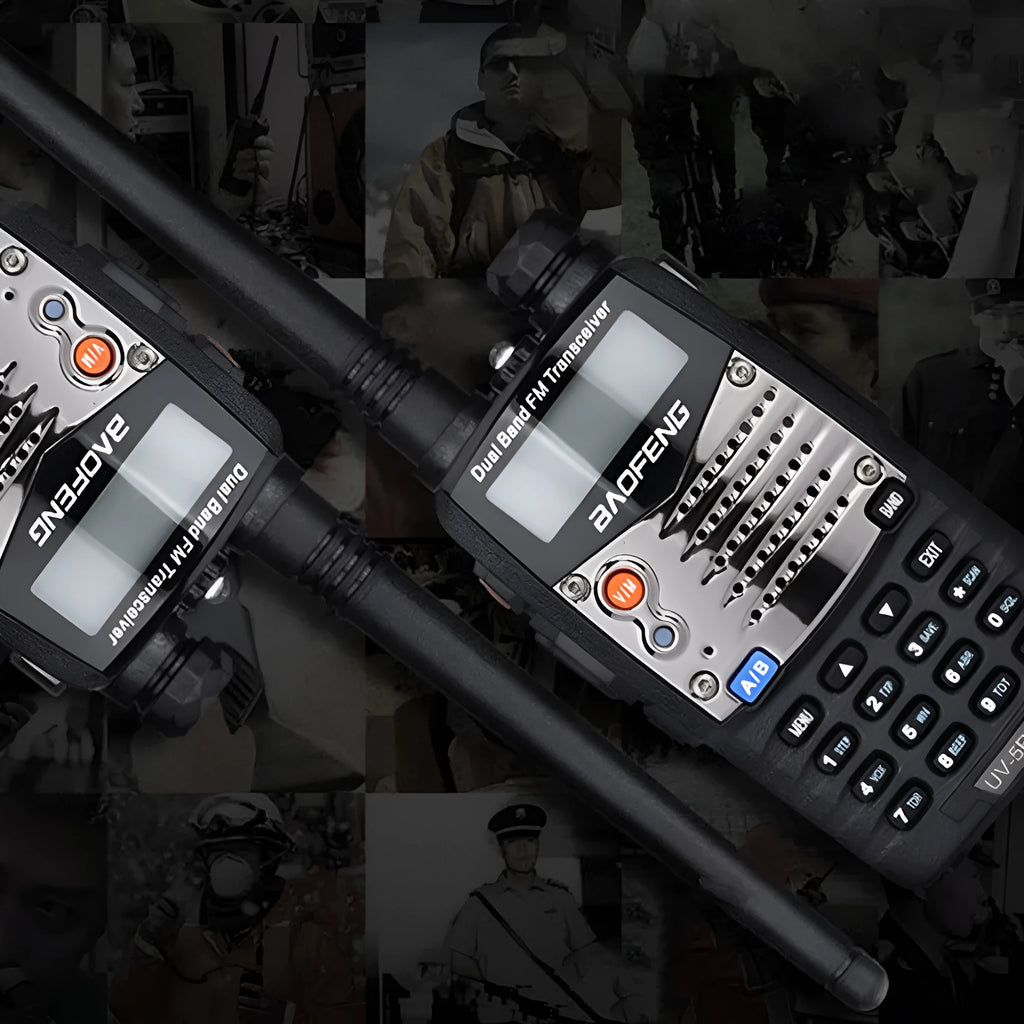 Baofeng UV-5RA black handheld dual-band radio with display screen and antenna.
