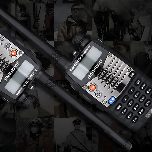 Baofeng UV-5RA black handheld dual-band radio with display screen and antenna.