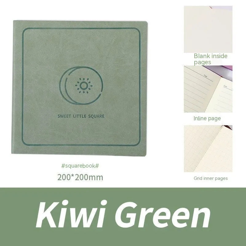 A5 square notebook with textured mesh leather cover in avocado green, showing blank internal Daolin paper.