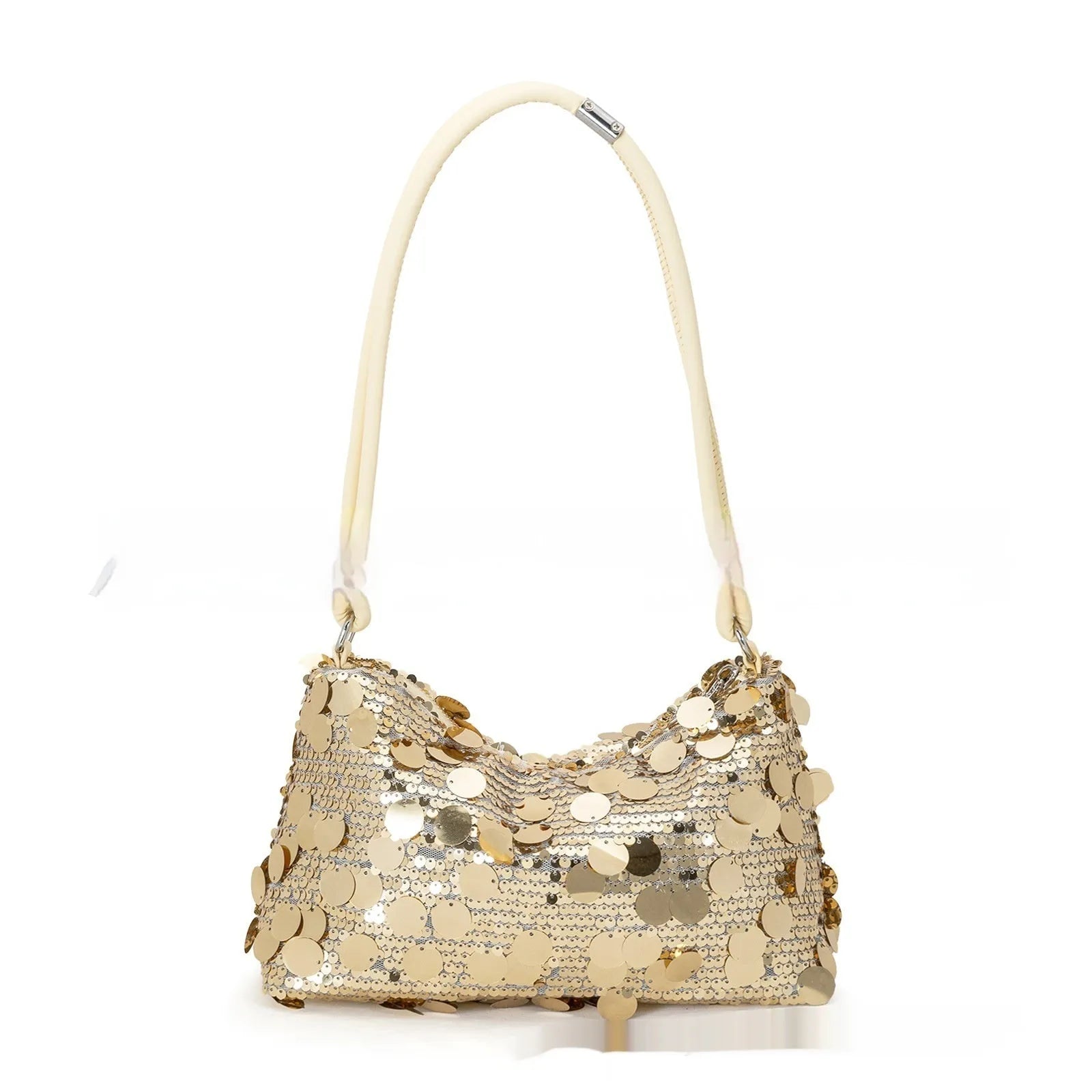 Women's soft polyester crossbody shoulder bag in metallic colour showing 25cm width and single strap design