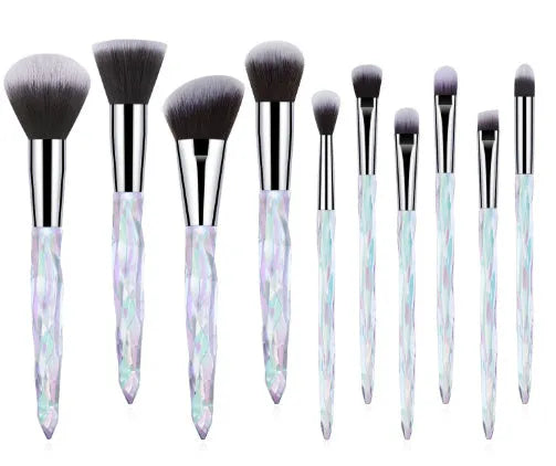 10 crystal-handled foundation brushes with artificial fibre bristles in colour options