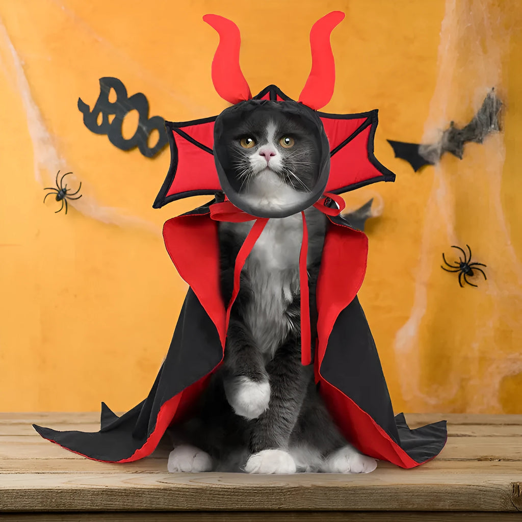 Black polyester Halloween vampire costume for pets with cloak and hat