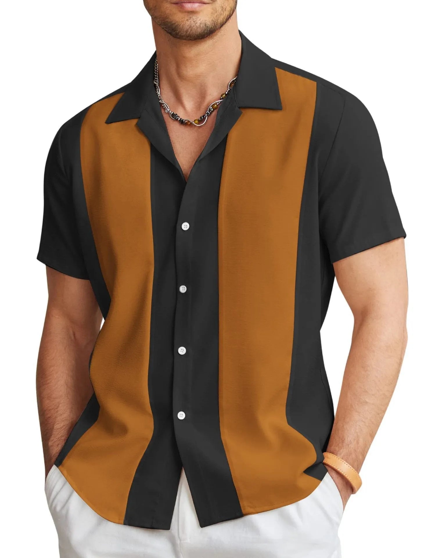 Man wearing a slim fit, short sleeve Hawaiian shirt with a cardigan style in a colourful digital print pattern.