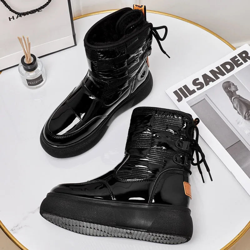 Women's ankle boots flat-bottomed thick-soled artificial PU black velvet cotton lining low heel