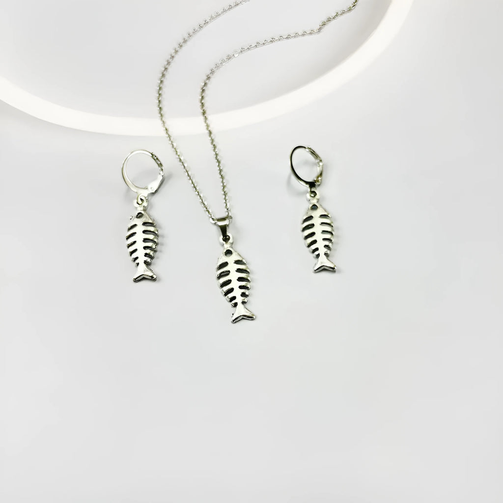 Retro fishbone design alloy necklace and matching earrings set on a dark background.