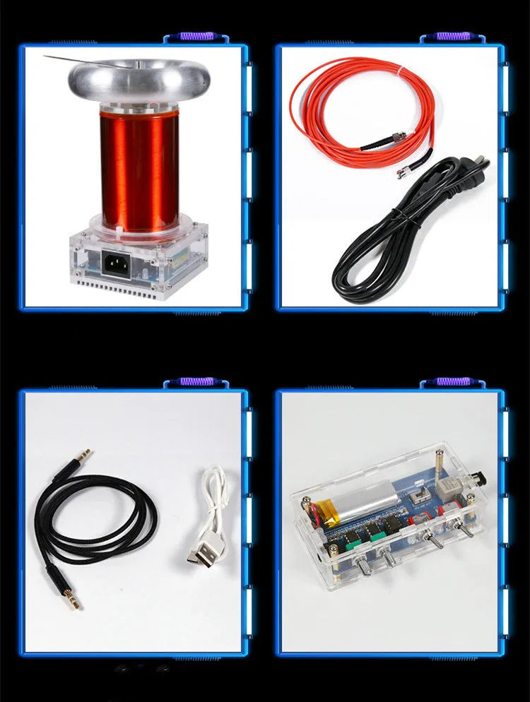 Music Tesla coil driver board unit with controller and cables for 220V high-voltage arc demonstrations.