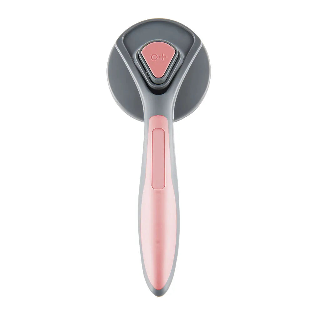 Self-cleaning slicker brush for pets in grey, green, or pink with comfort-grip handle and massage-tip bristles