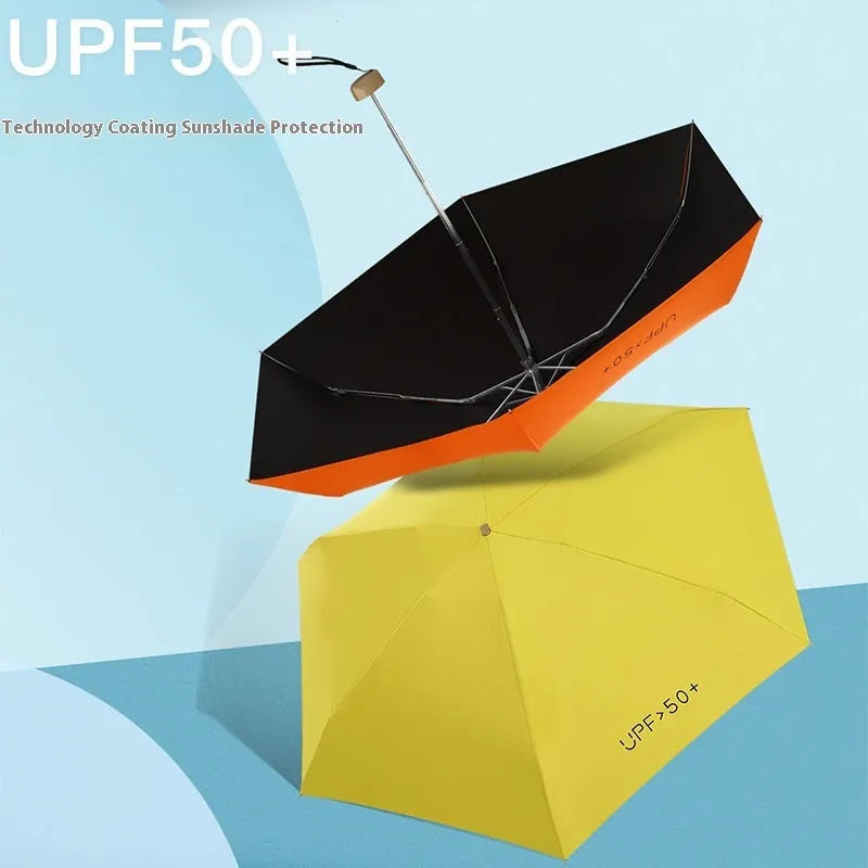 Closed black five-fold mini pocket sun umbrella with rubber handle showing compact size.