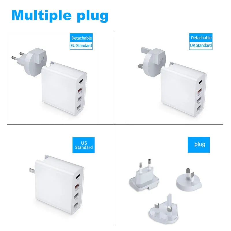 White or black fast charge charger with multiple USB ports and international plug options