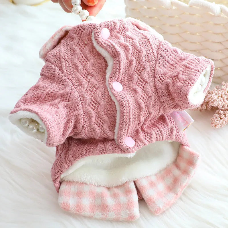 Blue wool plaid fleece-lined dog sweater faux two-piece design on small dog