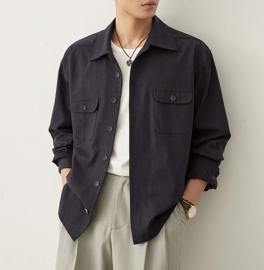 Men's lapel collar casual shirt in cotton fabric available in light sand rice and nautilidae colours
