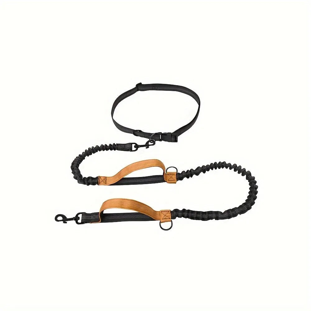 Hands-free dog leash with adjustable waist belt in durable nylon, available in five colours for running and walking