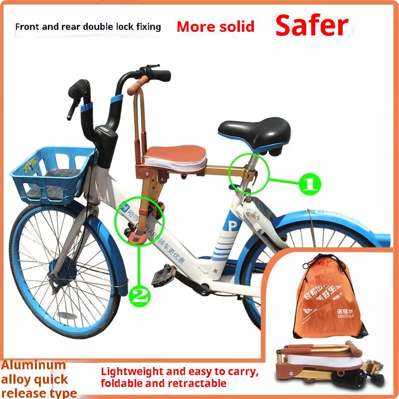 Aluminium alloy front-mounted folding child seat for shared bicycle in yellow with armrest