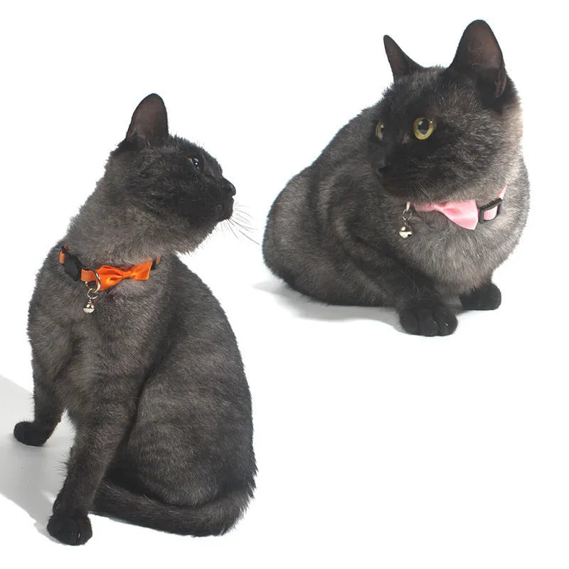 Adjustable nylon cat bow collar with bell in striped pattern, multiple colour options