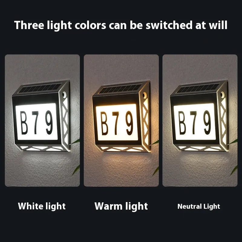 Solar powered waterproof doorplate light for outdoor address numbers with black and silver colour options
