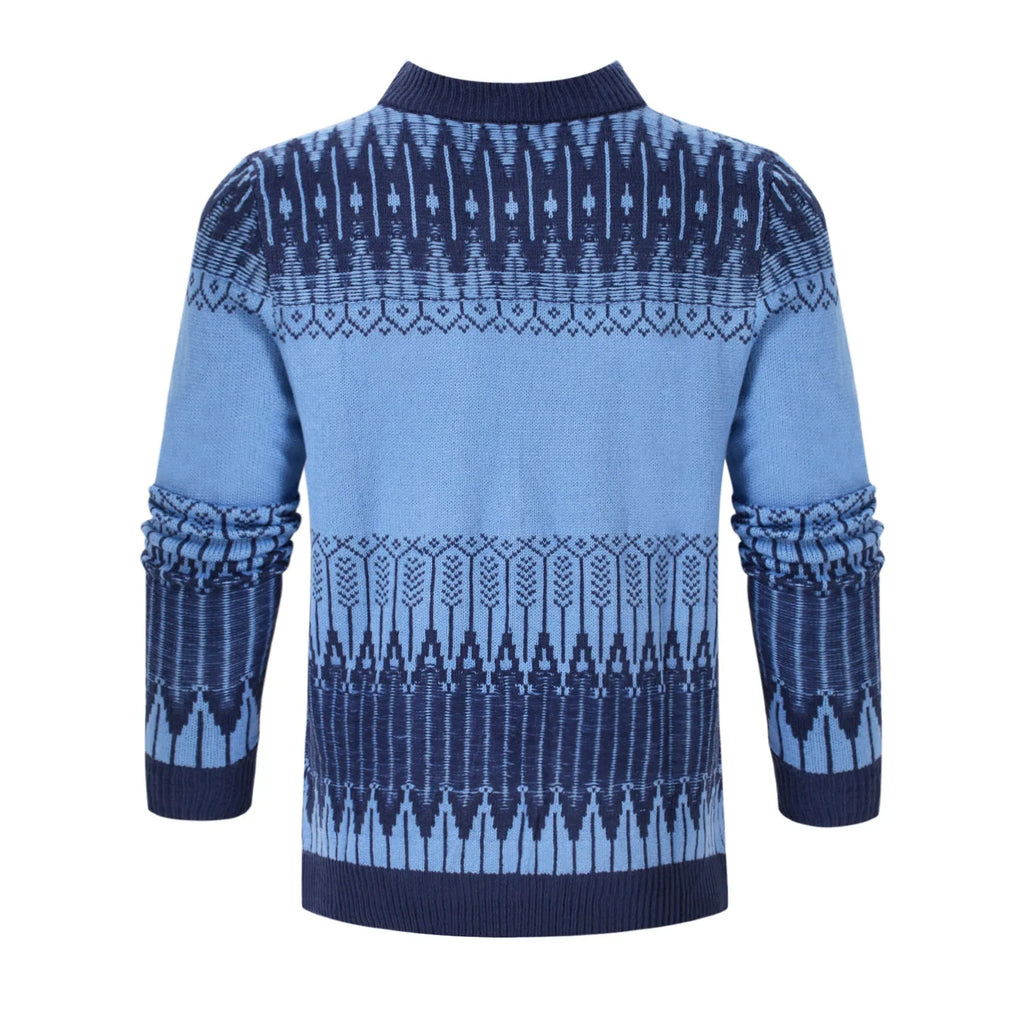Men's grey knitted pullover sweater with ribbed cuffs and hem on hanger