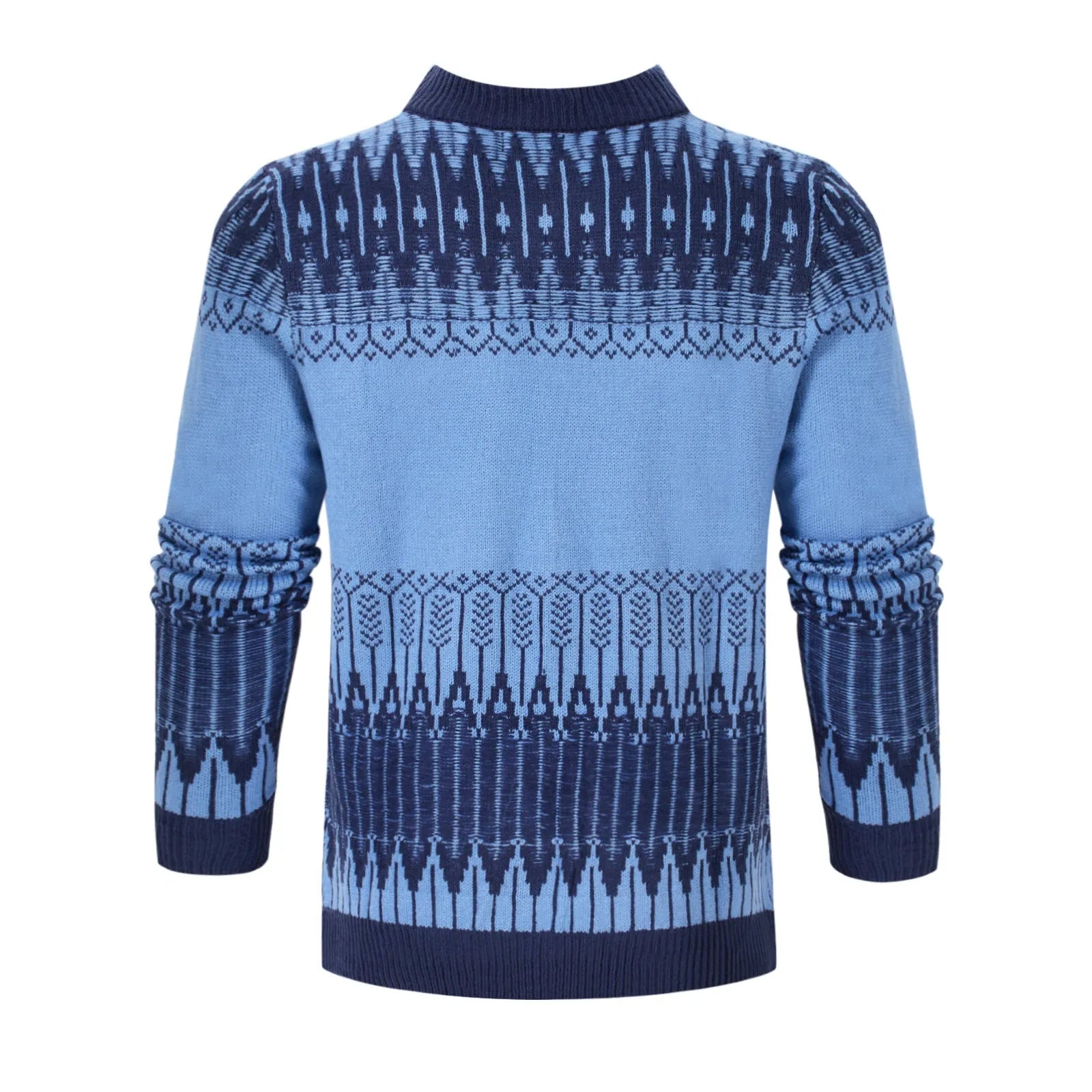 Men's grey knitted pullover sweater with ribbed cuffs and hem on hanger