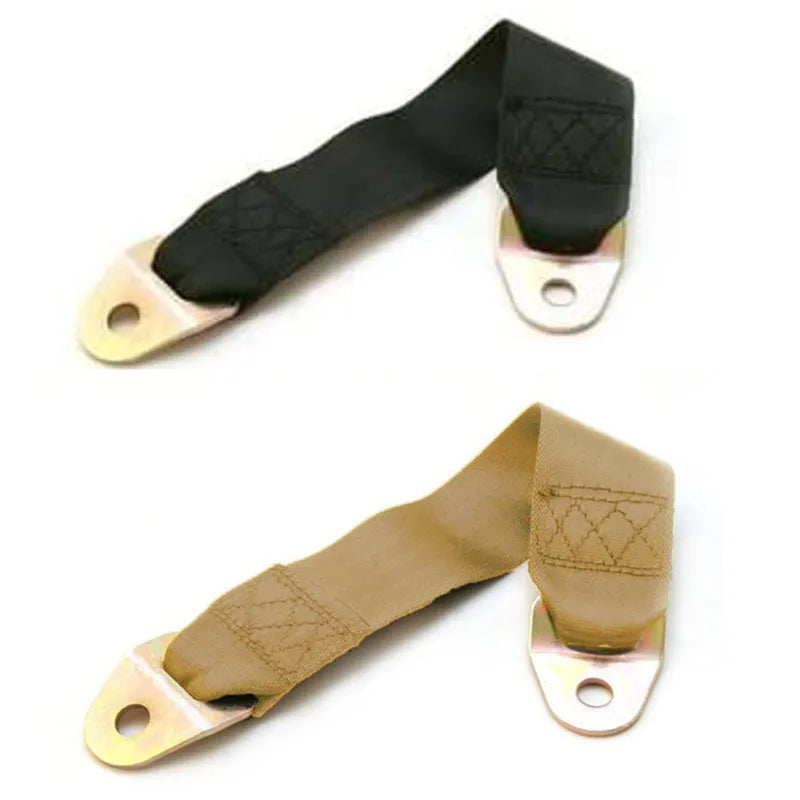 Black polyester door latch and stop fixing belt with screws and nuts on a white background.