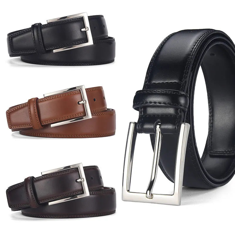 Men's black leather belt with silver alloy pin buckle showing length measurement