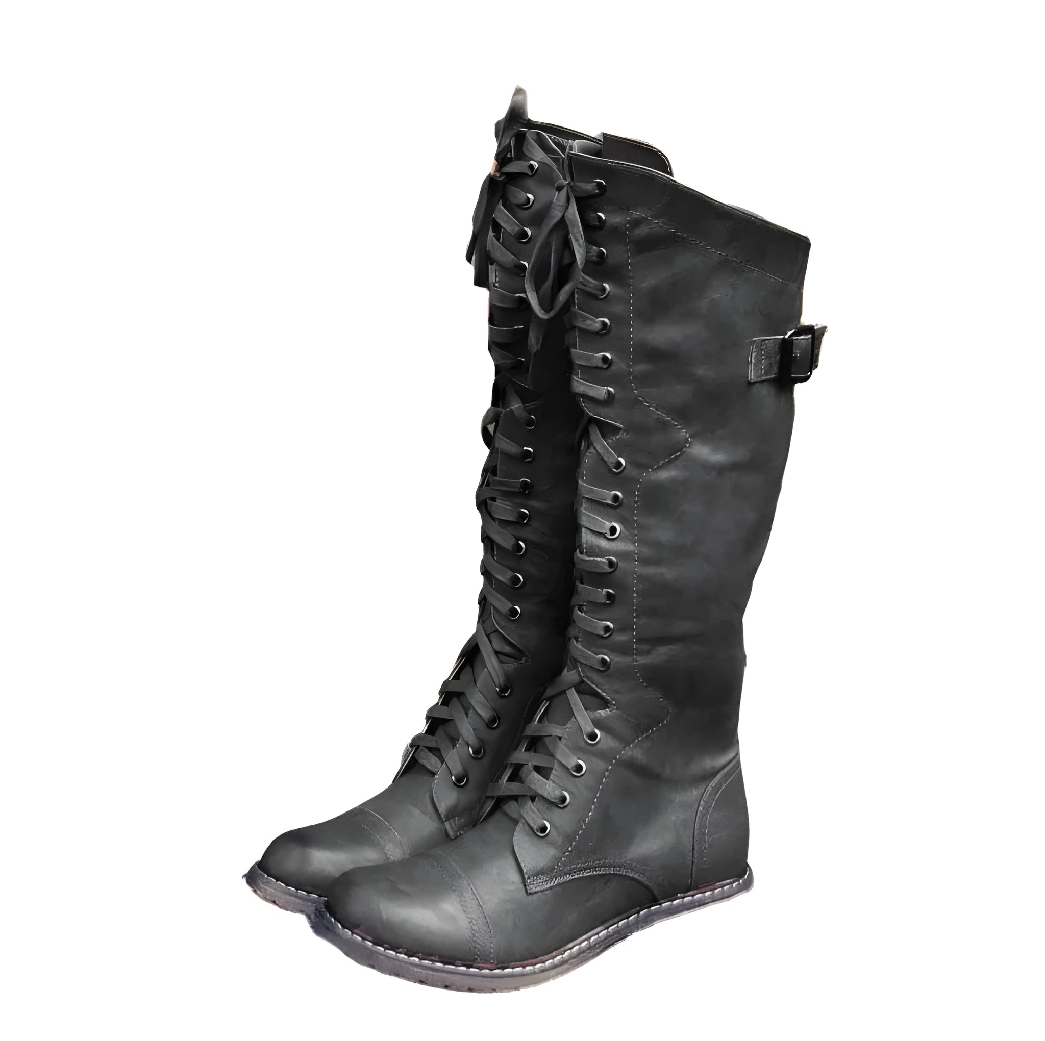 Women's black knight ankle boots with a cross strap detail on the ankle.