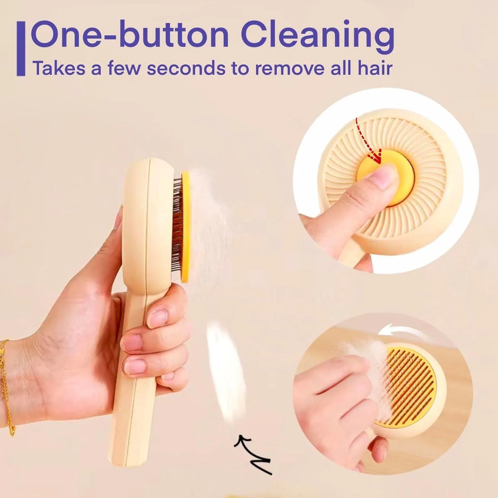Blue pet grooming brush with self-cleaning button and angled metal needles