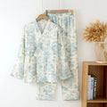 Women's cotton double-layer gauze lounge suit with lace-up detail in frosted pine trees colour