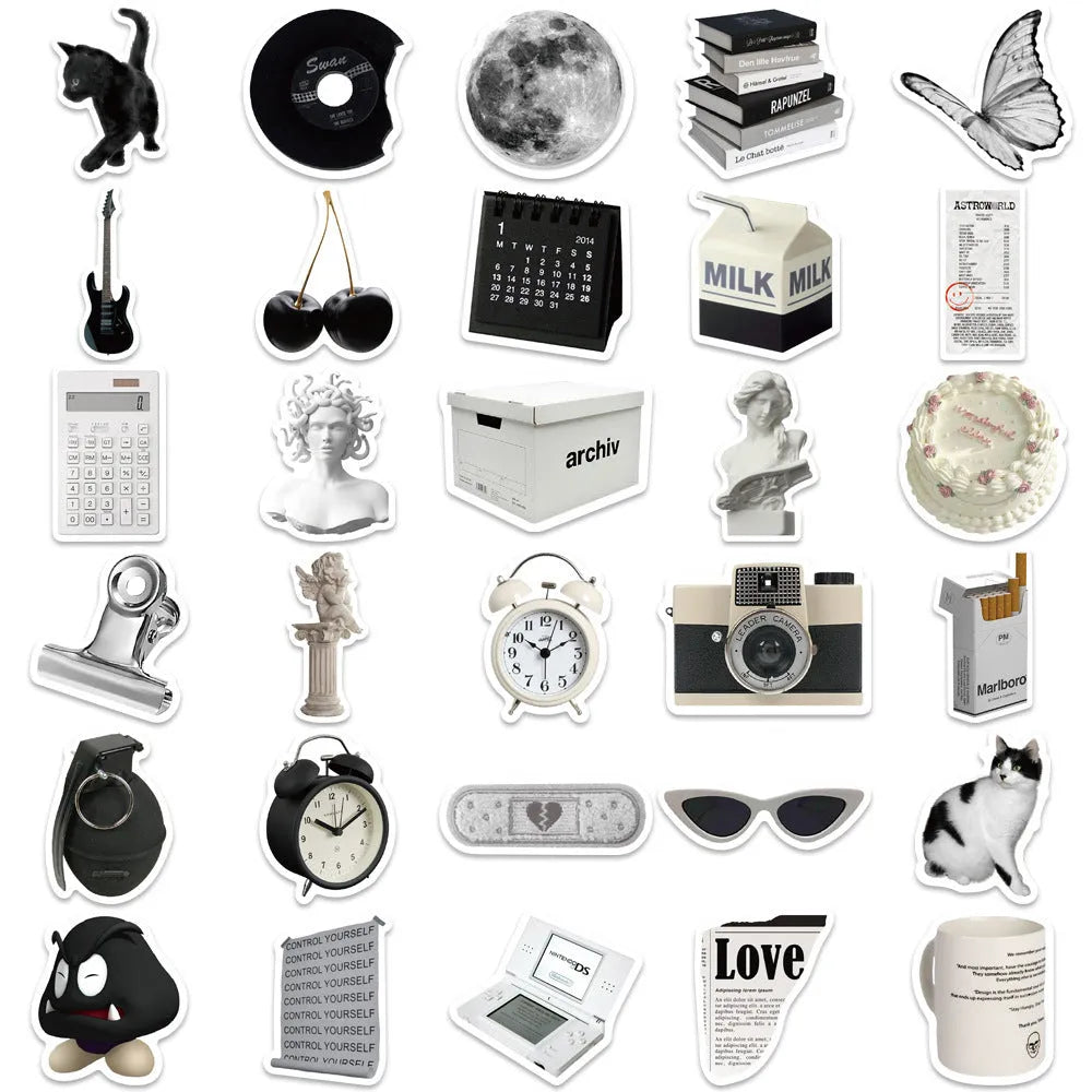 Pack of 61 black and white waterproof PVC stickers for laptops and drinkware.