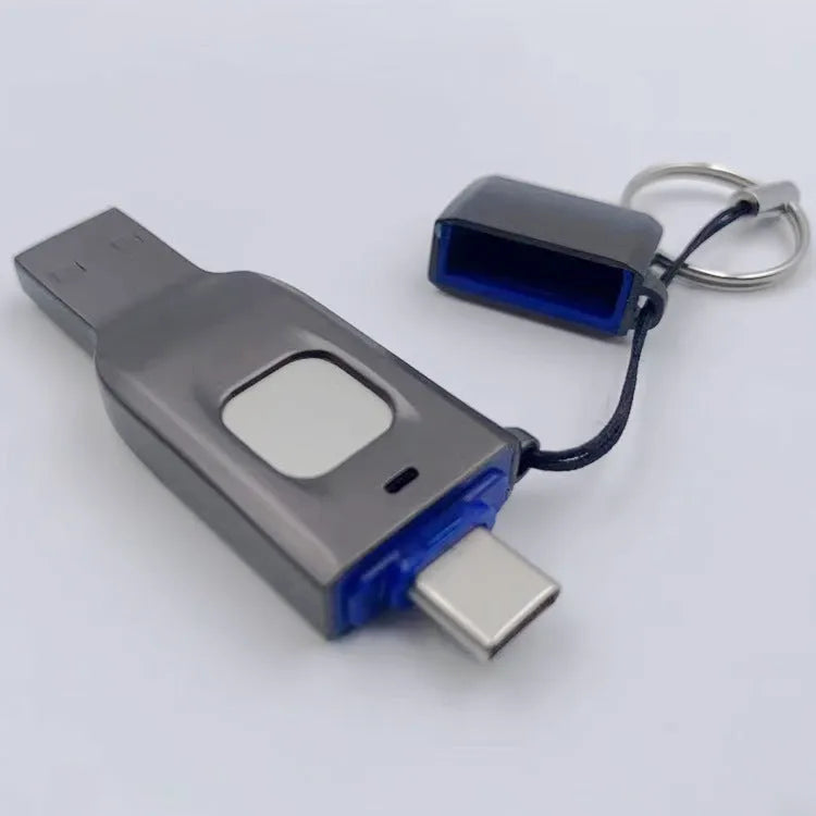 Black metal fingerprint encrypted USB flash drive showing USB 3.0 and Type-C connectors.
