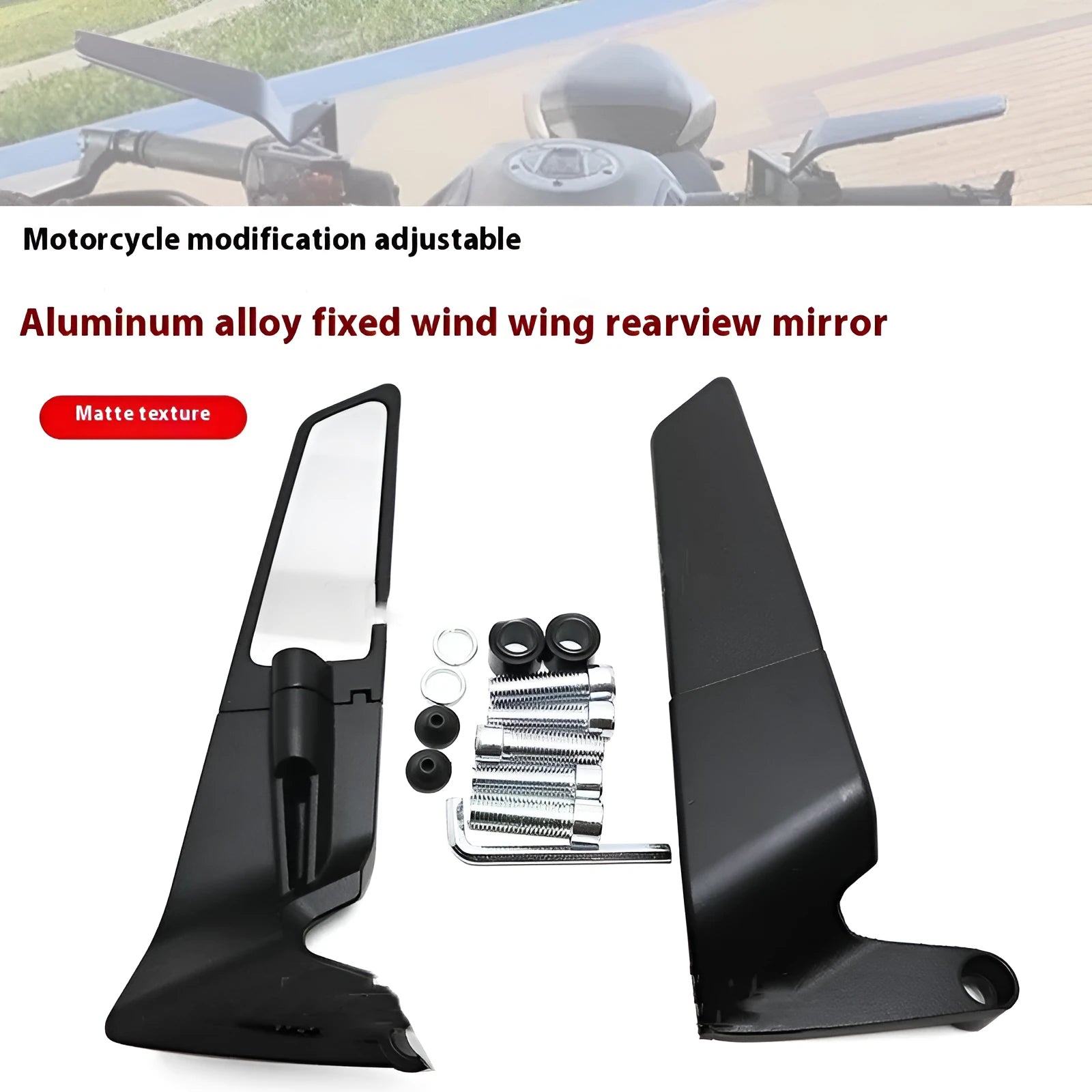 Black universal motorcycle rearview mirror pair with aluminium alloy housing and glass surface