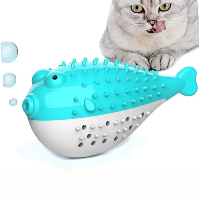 Silicone fish-shaped cat chew toy in blue colour measuring 12.2cm long