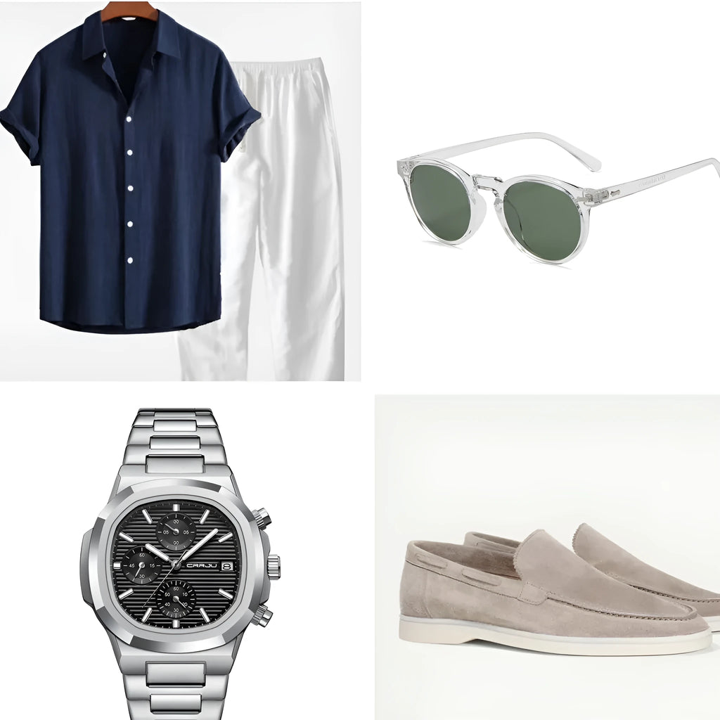 Casual loose navy blue cotton linen short sleeve suit with matching shorts, glasses, shoes, and watch.