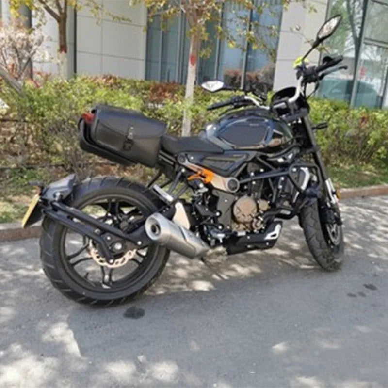Black PU leather motorcycle swingarm bag mounted on Harley Sportster side storage