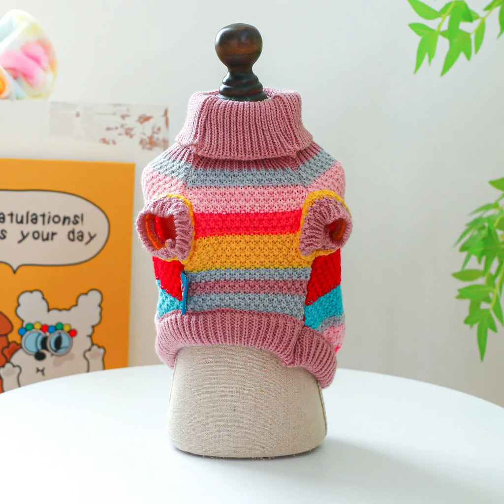 Colourful striped acrylic pet sweater for dogs and cats, five sizes XS to XL