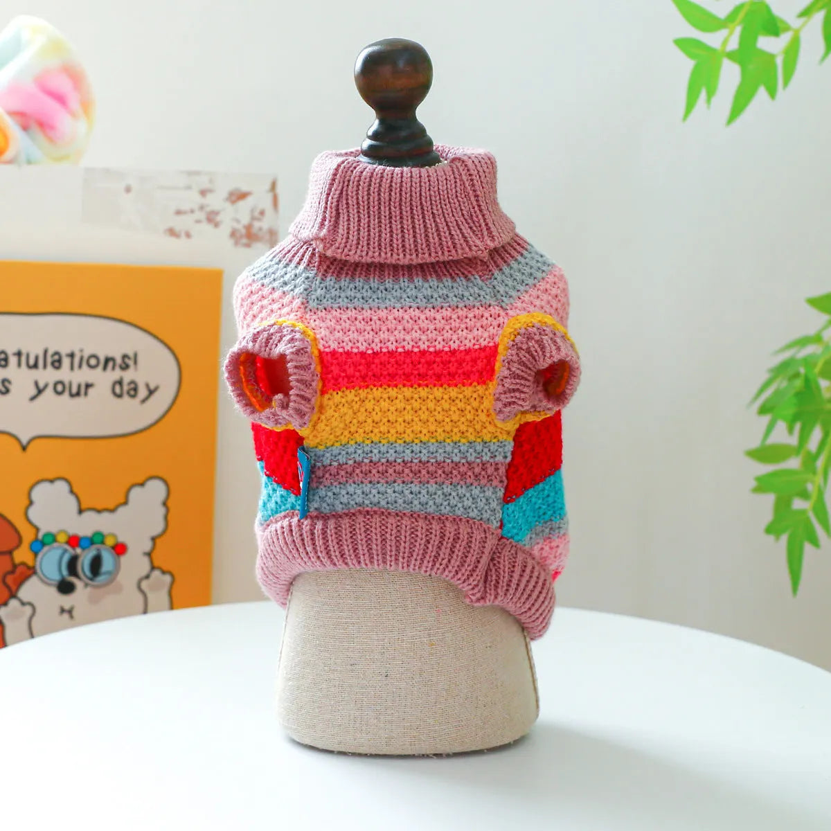Colourful striped acrylic pet sweater for dogs and cats, five sizes XS to XL