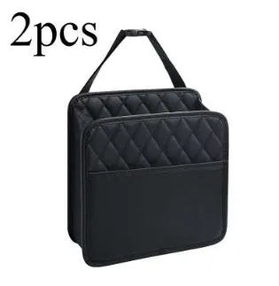 Black leather hanging storage bag for car interior, shown with dimensions 25cm by 25cm.