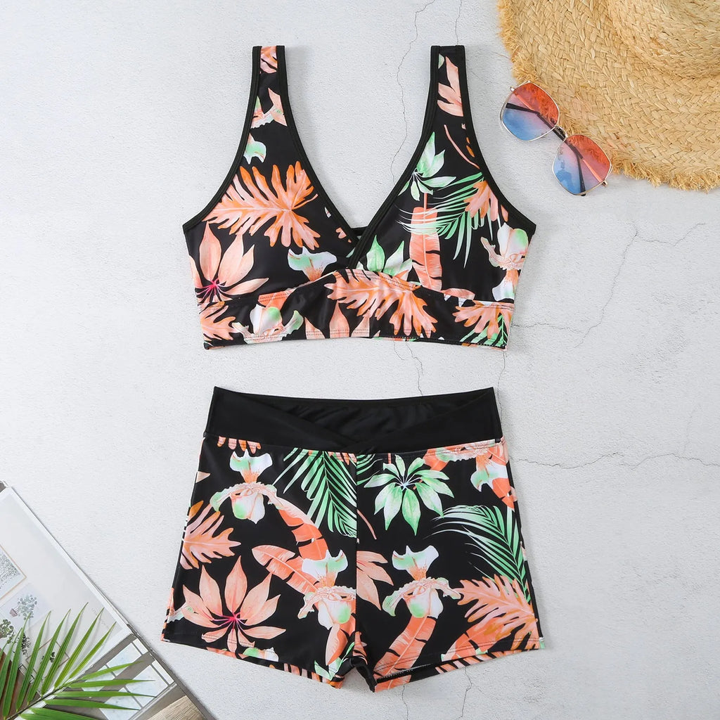 Women's printed polyester two-piece swimsuit with boxer shorts and sleeveless top