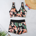 Women's printed polyester two-piece swimsuit with boxer shorts and sleeveless top