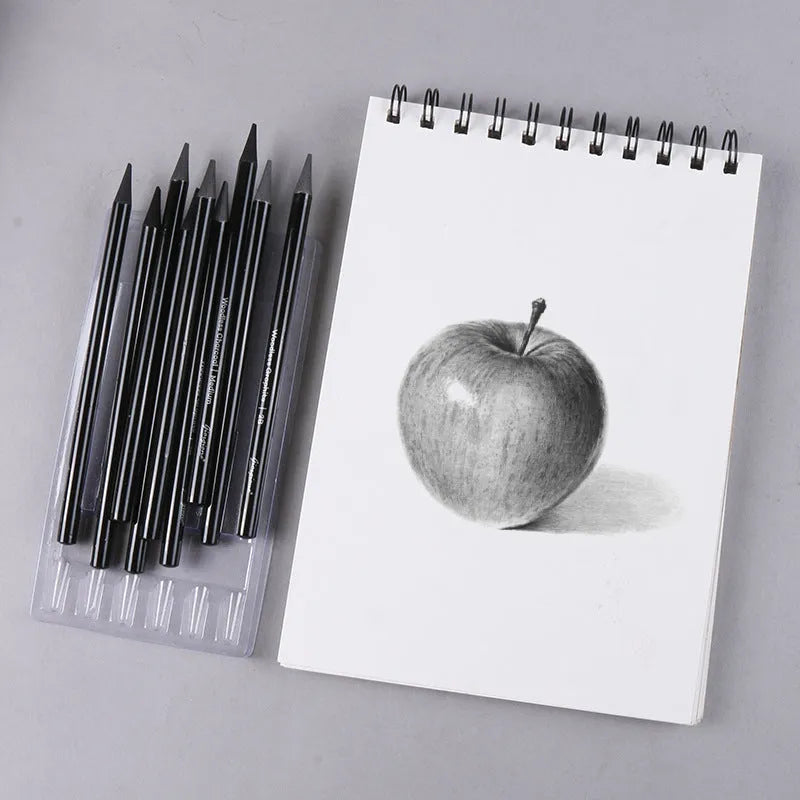 Carbonized pencil suit solid graphite set with six graphite pencils and three carbonized pencils on suction card