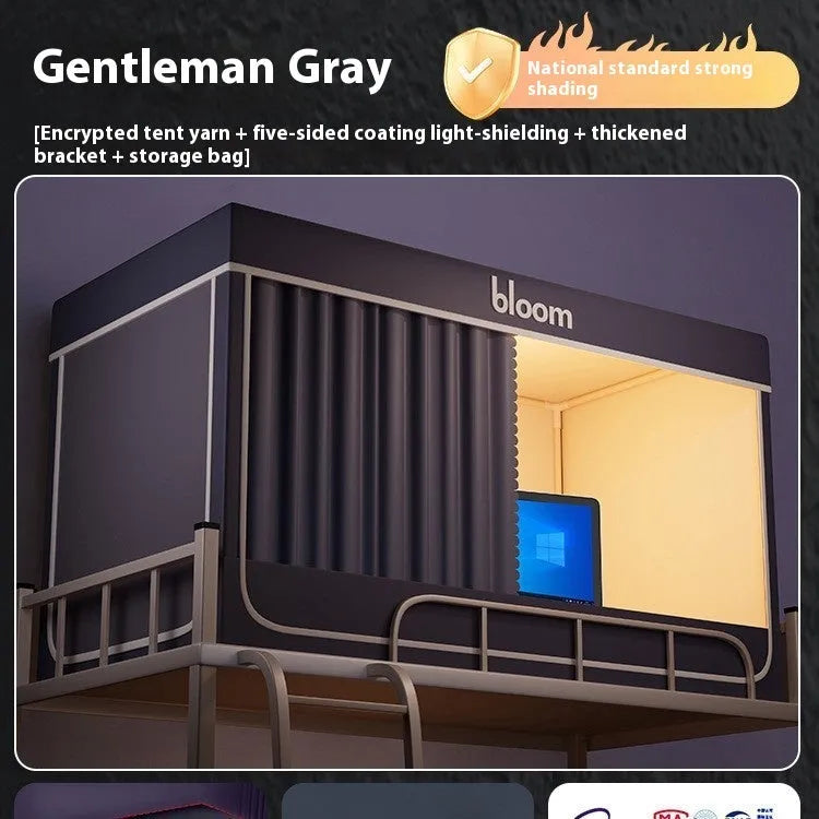 Gentleman Gray bed curtain with integrated mosquito net for 0.9m wide bed with light blocking design
