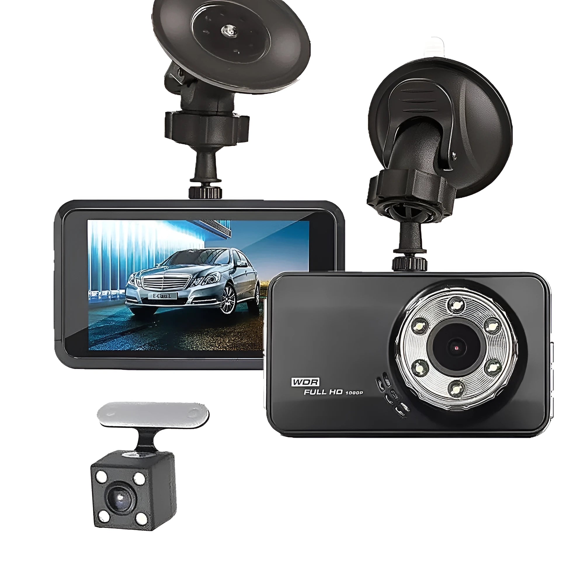 T638+ dual-lens car driving recorder with 170° wide angle lens hidden behind rearview mirror black