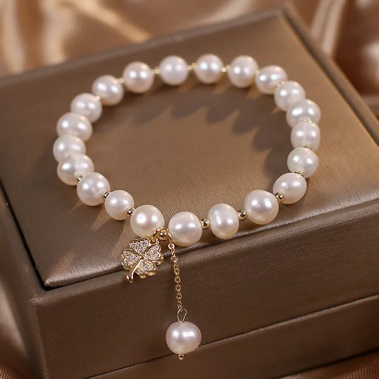 Natural freshwater pearl bracelet white alloy women simple style four-leaf clover sequins hand jewellery