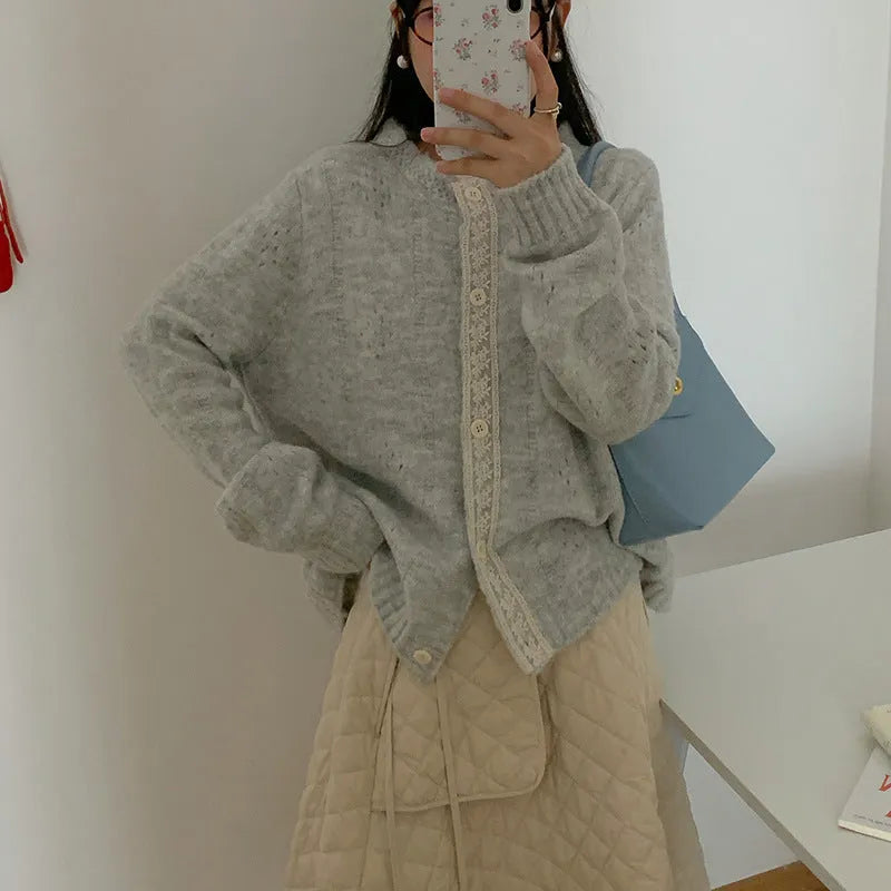 Korean artistic retro style sweater coat in loose fit cardigan design, shown in apricot colour