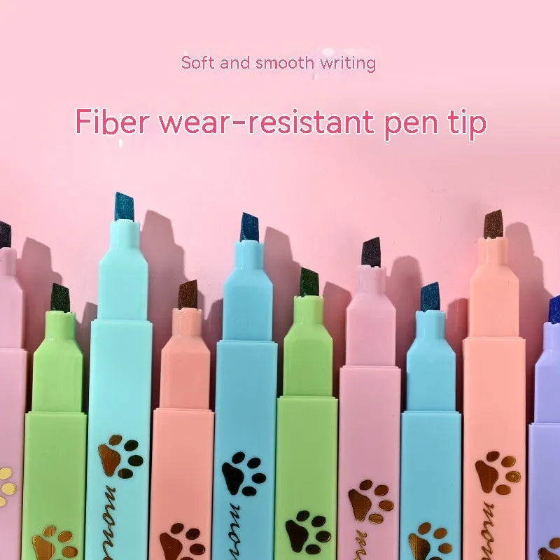 Cat's Paw brand fluorescent marking pen set with six colours and oblique heads in a gift box.