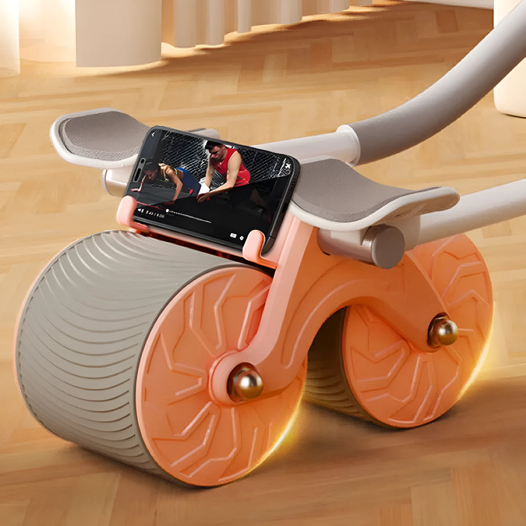 Black abdominal wheel with automatic rebound mechanism next to a thick grey lock-edge NBR yoga mat.