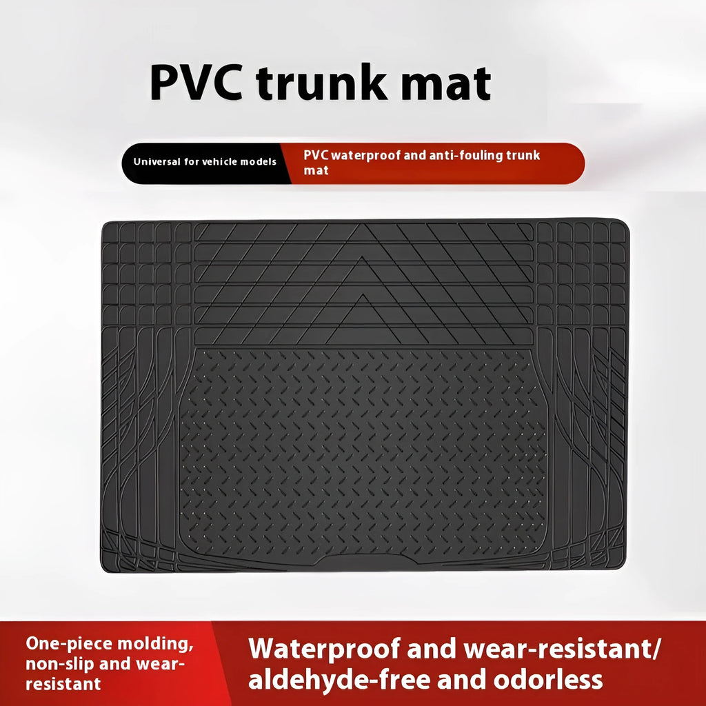 Black universal PVC waterproof car trunk mat in 80x120cm size laid flat on a clean car boot floor
