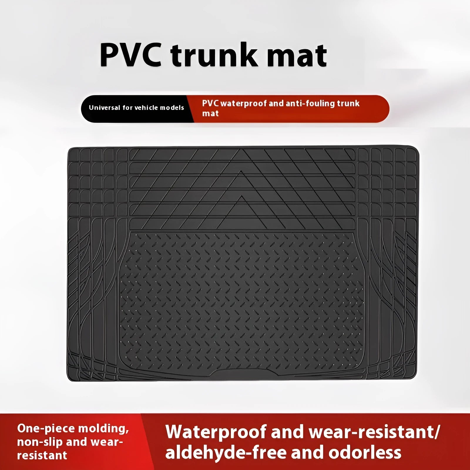 Black universal PVC waterproof car trunk mat in 80x120cm size laid flat on a clean car boot floor