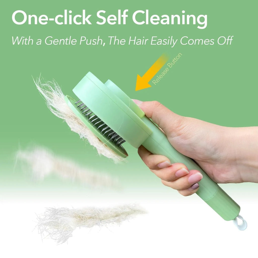 Green and yellow 2-in-1 pet grooming brush with stainless steel teeth and hanging loop.