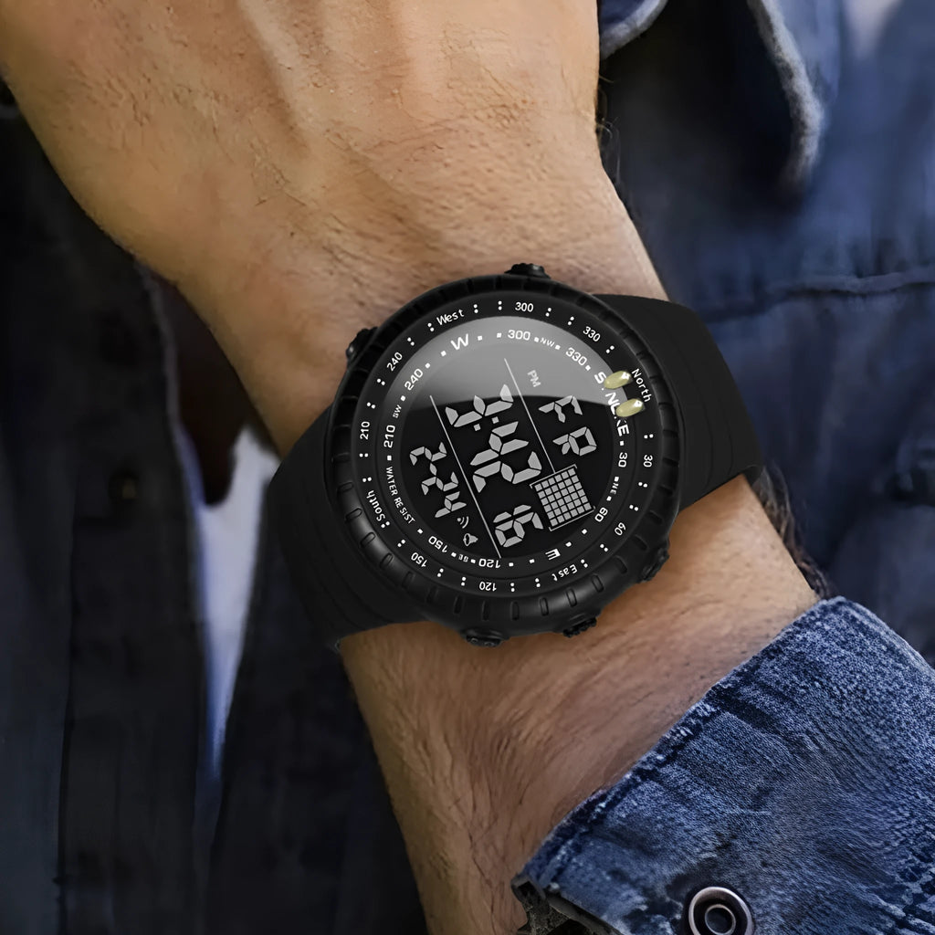 Black waterproof outdoor electronic watch with plastic case and PU strap showing 54.74mm dial